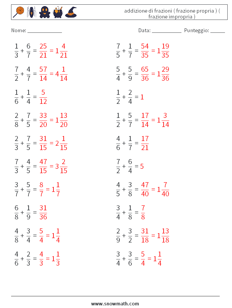 (20) addizione di frazioni ( frazione propria ) ( frazione impropria ) Fogli di lavoro di matematica 12 Domanda, Risposta