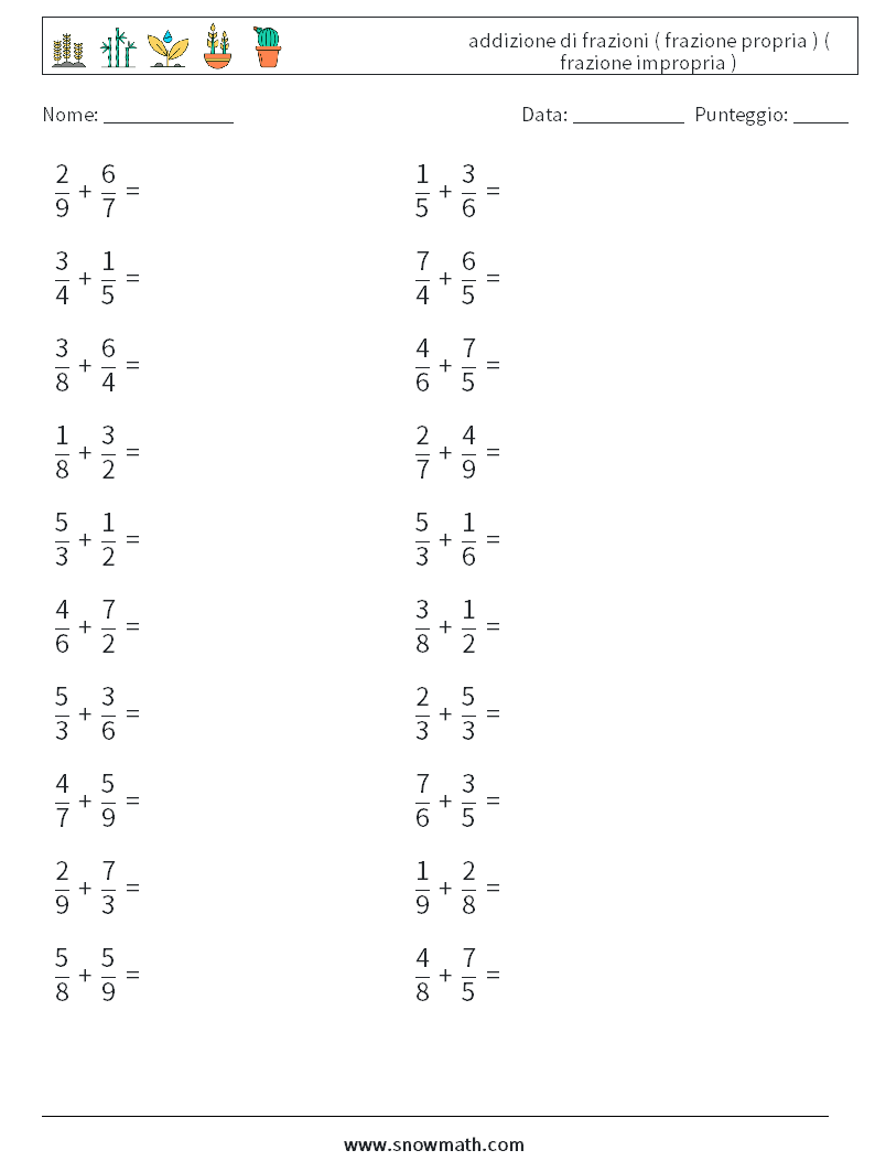 (20) addizione di frazioni ( frazione propria ) ( frazione impropria ) Fogli di lavoro di matematica 13