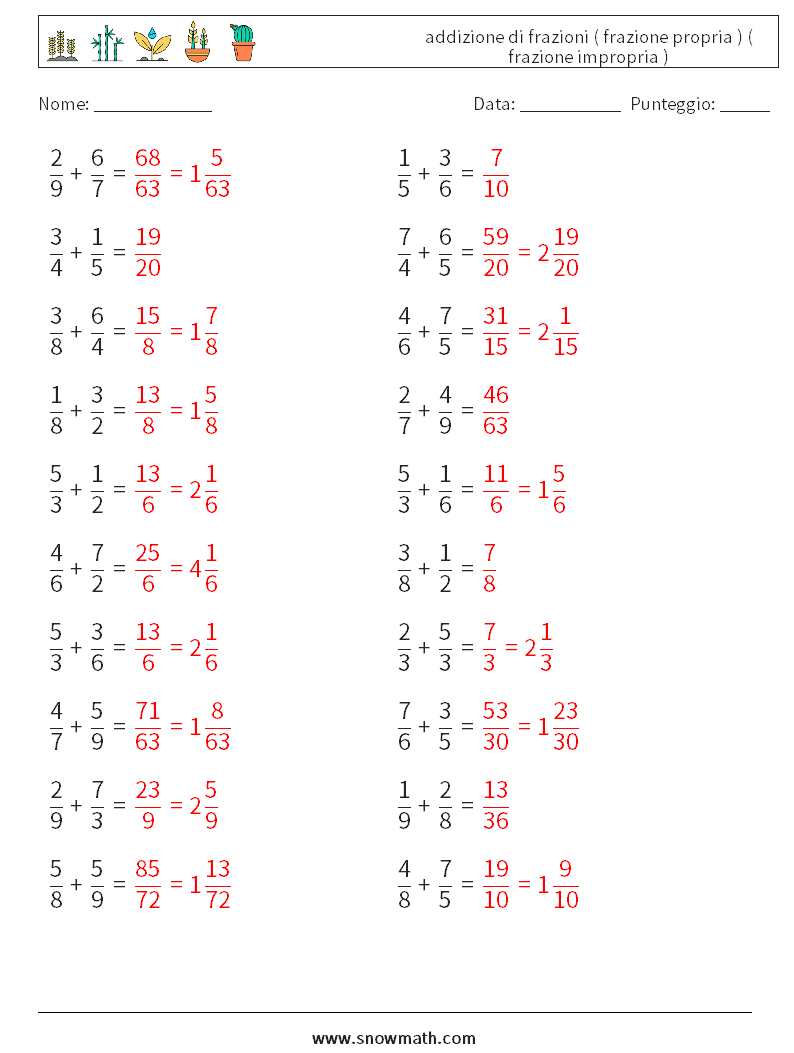 (20) addizione di frazioni ( frazione propria ) ( frazione impropria ) Fogli di lavoro di matematica 13 Domanda, Risposta