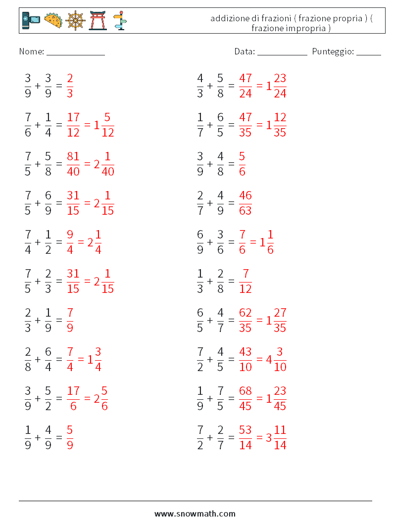 (20) addizione di frazioni ( frazione propria ) ( frazione impropria ) Fogli di lavoro di matematica 14 Domanda, Risposta