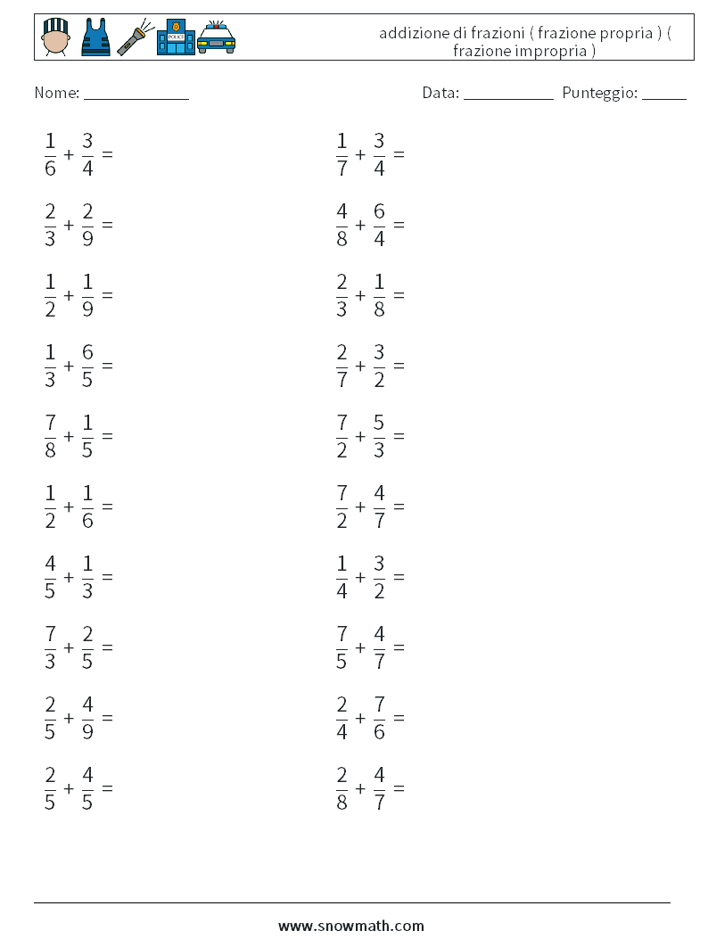 (20) addizione di frazioni ( frazione propria ) ( frazione impropria ) Fogli di lavoro di matematica 15