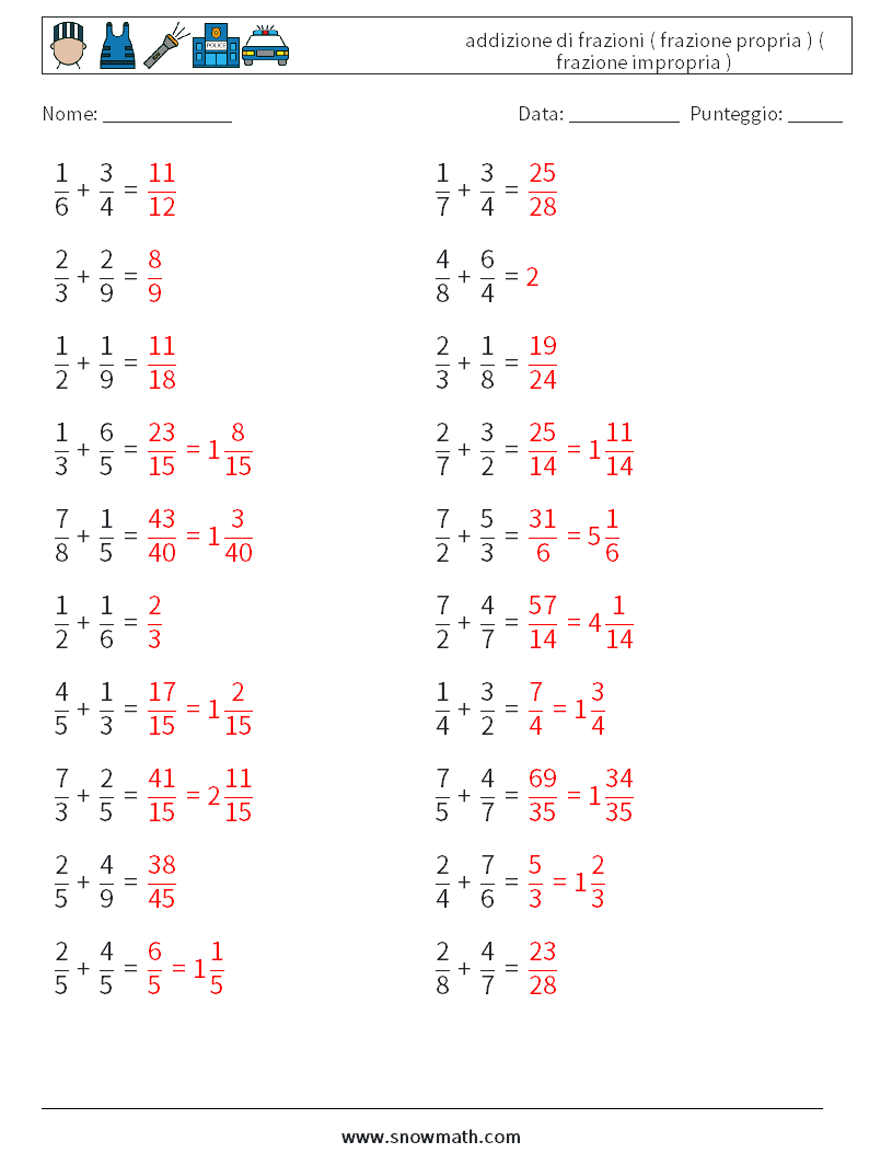 (20) addizione di frazioni ( frazione propria ) ( frazione impropria ) Fogli di lavoro di matematica 15 Domanda, Risposta