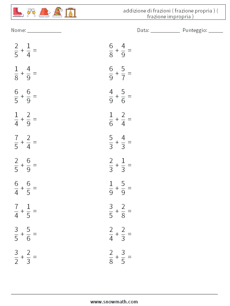 (20) addizione di frazioni ( frazione propria ) ( frazione impropria ) Fogli di lavoro di matematica 16