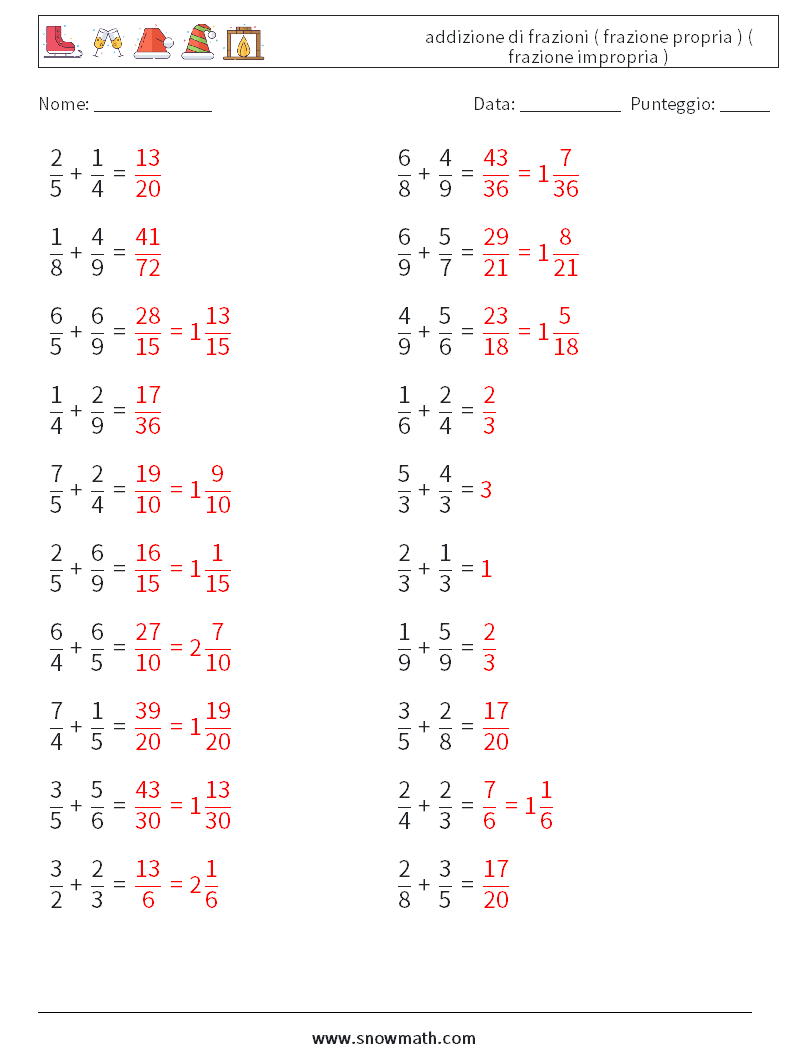(20) addizione di frazioni ( frazione propria ) ( frazione impropria ) Fogli di lavoro di matematica 16 Domanda, Risposta