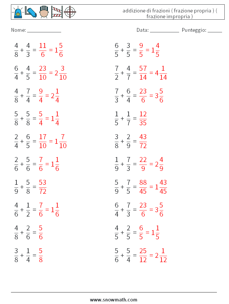 (20) addizione di frazioni ( frazione propria ) ( frazione impropria ) Fogli di lavoro di matematica 17 Domanda, Risposta