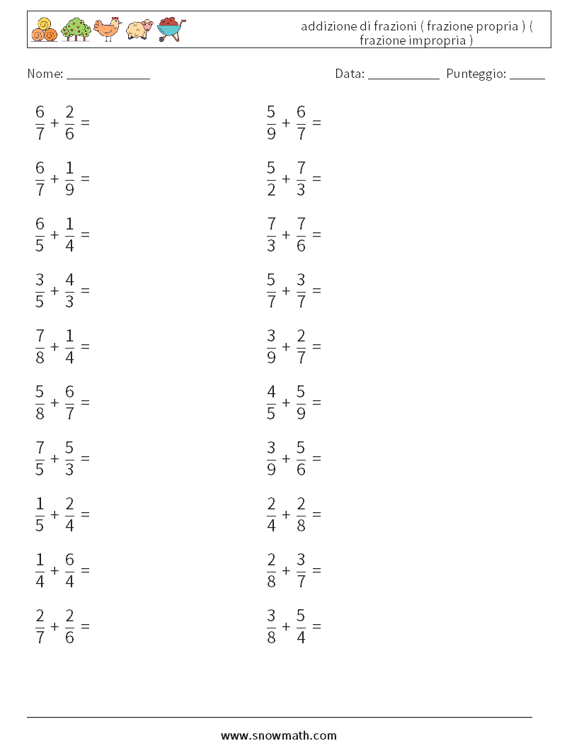 (20) addizione di frazioni ( frazione propria ) ( frazione impropria ) Fogli di lavoro di matematica 18