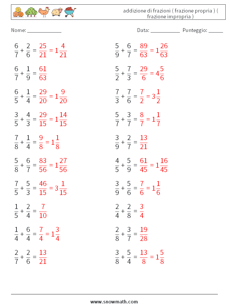 (20) addizione di frazioni ( frazione propria ) ( frazione impropria ) Fogli di lavoro di matematica 18 Domanda, Risposta