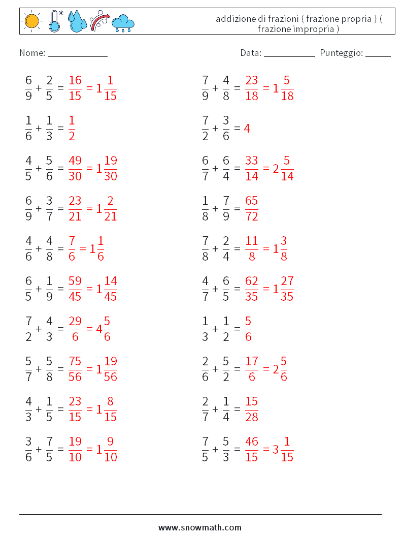 (20) addizione di frazioni ( frazione propria ) ( frazione impropria ) Fogli di lavoro di matematica 1 Domanda, Risposta