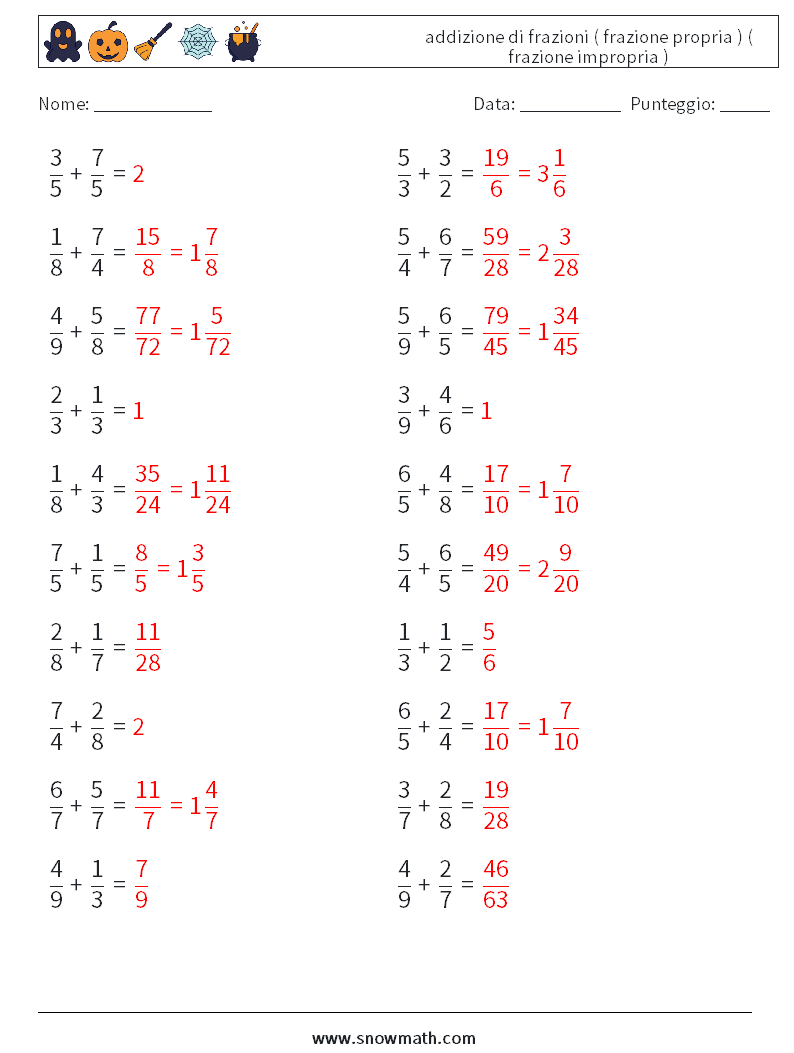 (20) addizione di frazioni ( frazione propria ) ( frazione impropria ) Fogli di lavoro di matematica 2 Domanda, Risposta