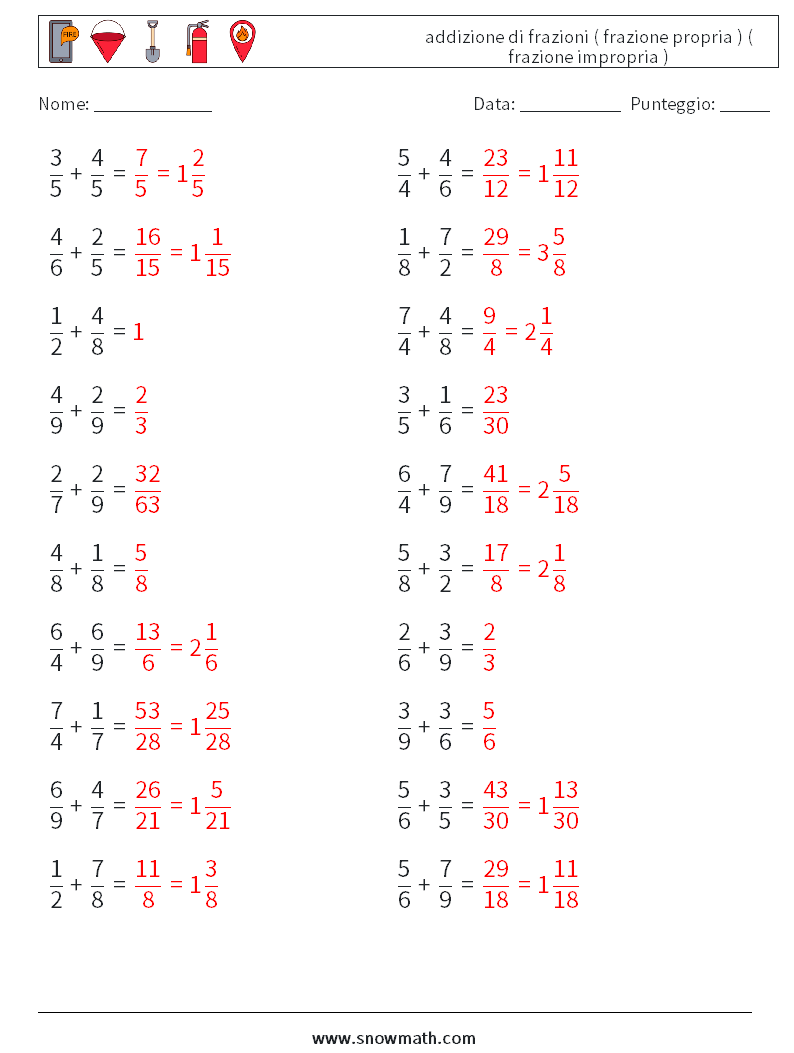 (20) addizione di frazioni ( frazione propria ) ( frazione impropria ) Fogli di lavoro di matematica 3 Domanda, Risposta