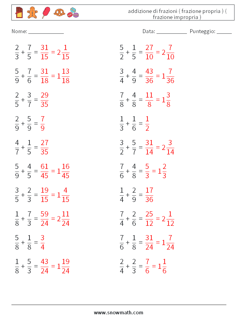 (20) addizione di frazioni ( frazione propria ) ( frazione impropria ) Fogli di lavoro di matematica 4 Domanda, Risposta