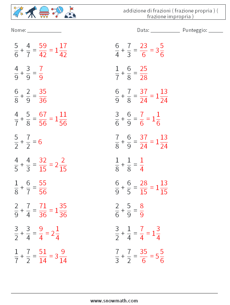 (20) addizione di frazioni ( frazione propria ) ( frazione impropria ) Fogli di lavoro di matematica 5 Domanda, Risposta