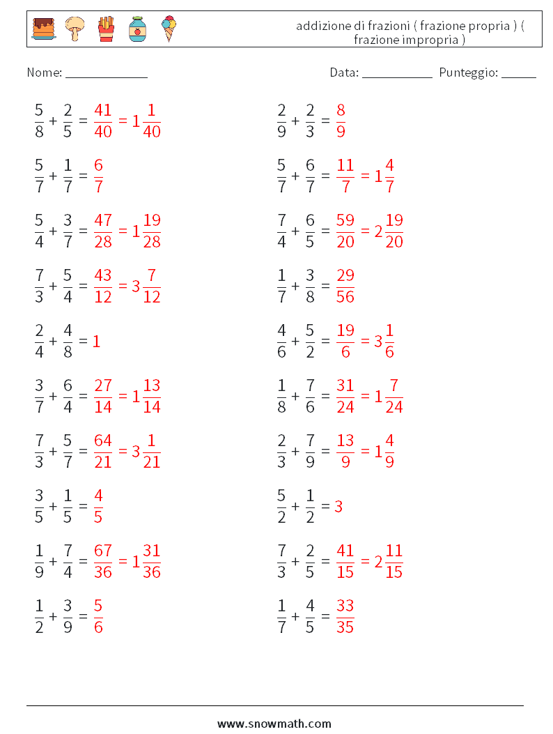 (20) addizione di frazioni ( frazione propria ) ( frazione impropria ) Fogli di lavoro di matematica 6 Domanda, Risposta