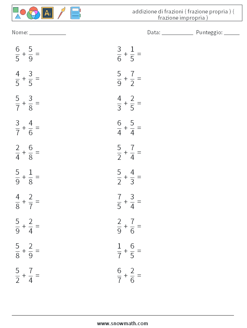 (20) addizione di frazioni ( frazione propria ) ( frazione impropria ) Fogli di lavoro di matematica 7