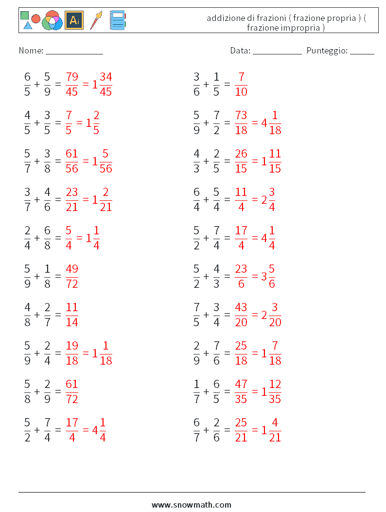 (20) addizione di frazioni ( frazione propria ) ( frazione impropria ) Fogli di lavoro di matematica 7 Domanda, Risposta