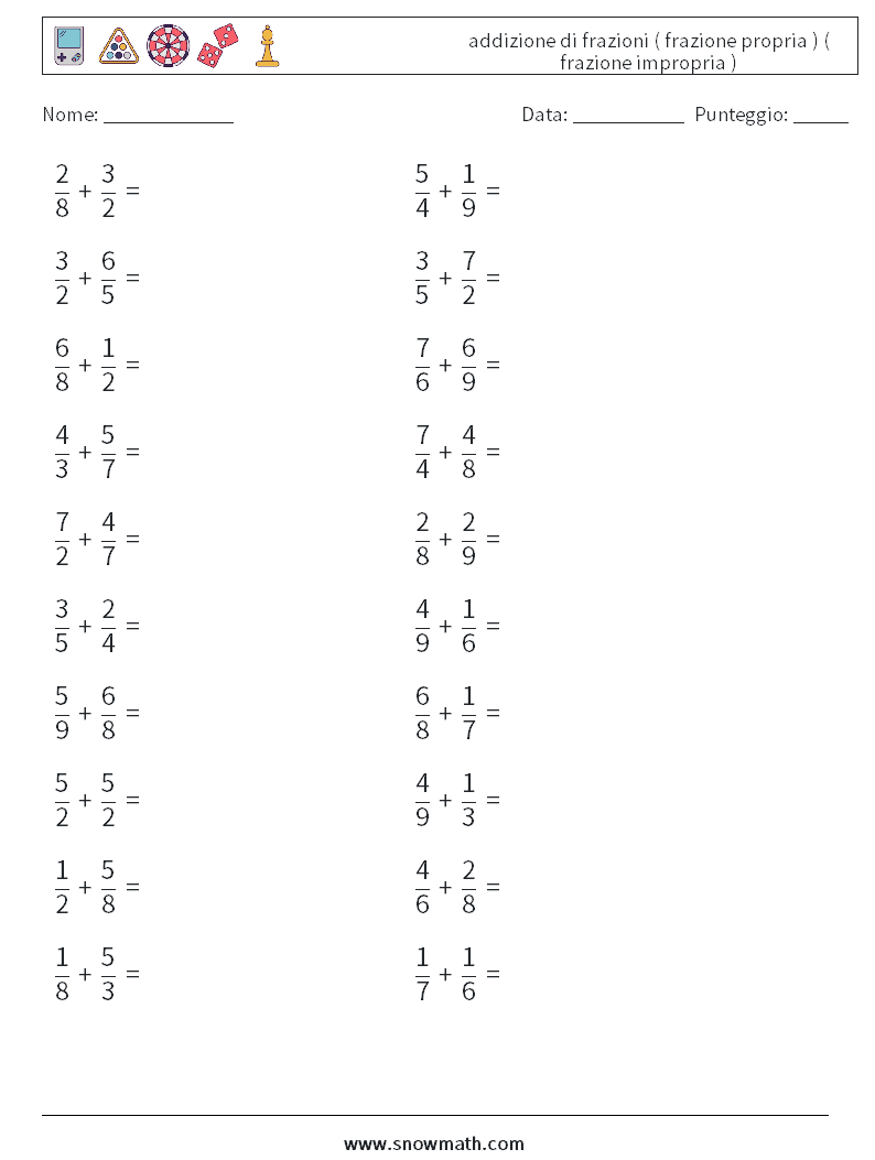 (20) addizione di frazioni ( frazione propria ) ( frazione impropria ) Fogli di lavoro di matematica 8