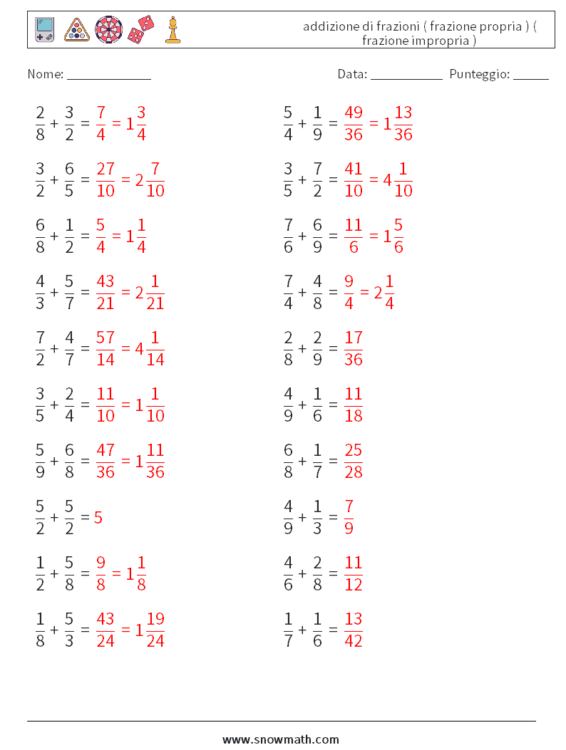 (20) addizione di frazioni ( frazione propria ) ( frazione impropria ) Fogli di lavoro di matematica 8 Domanda, Risposta