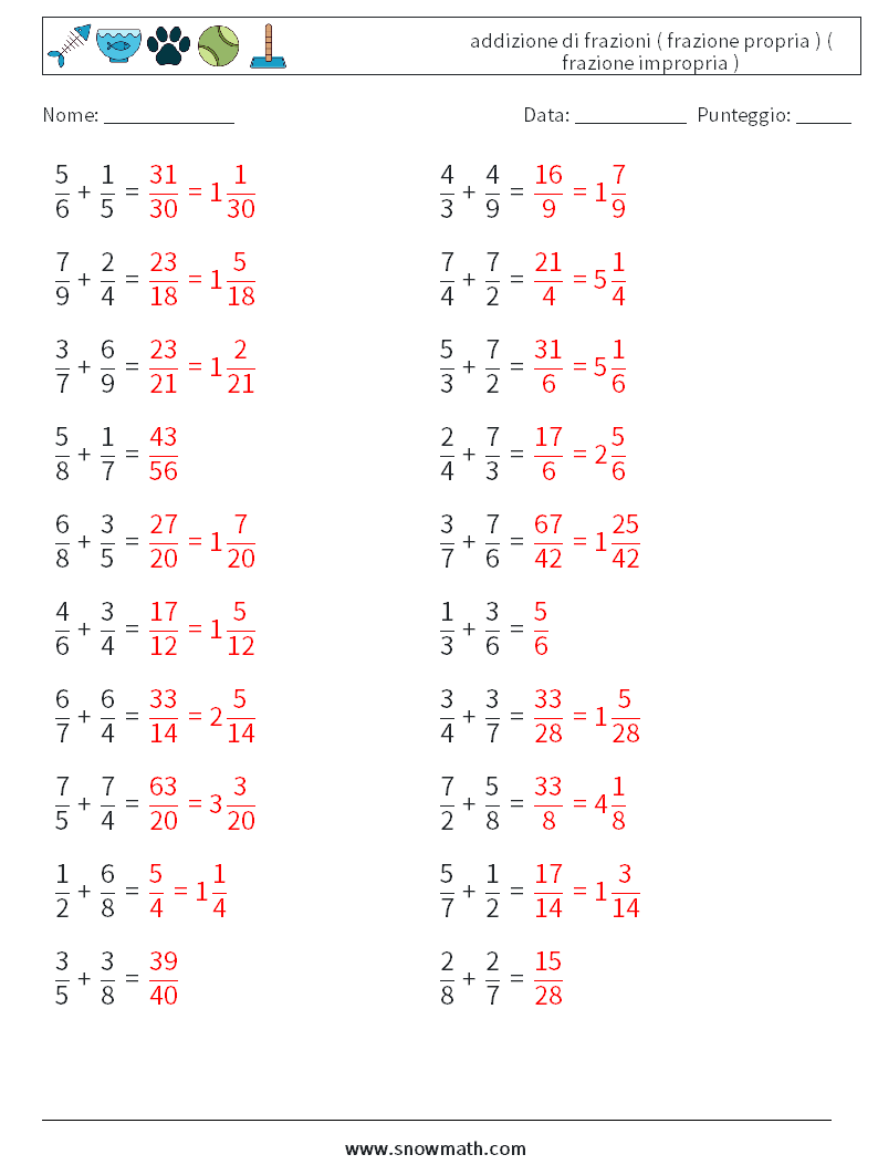 (20) addizione di frazioni ( frazione propria ) ( frazione impropria ) Fogli di lavoro di matematica 9 Domanda, Risposta