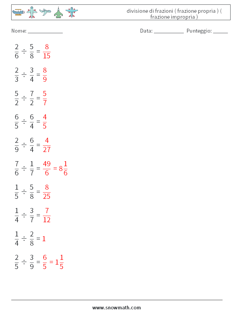 (10) divisione di frazioni ( frazione propria ) ( frazione impropria ) Fogli di lavoro di matematica 10 Domanda, Risposta