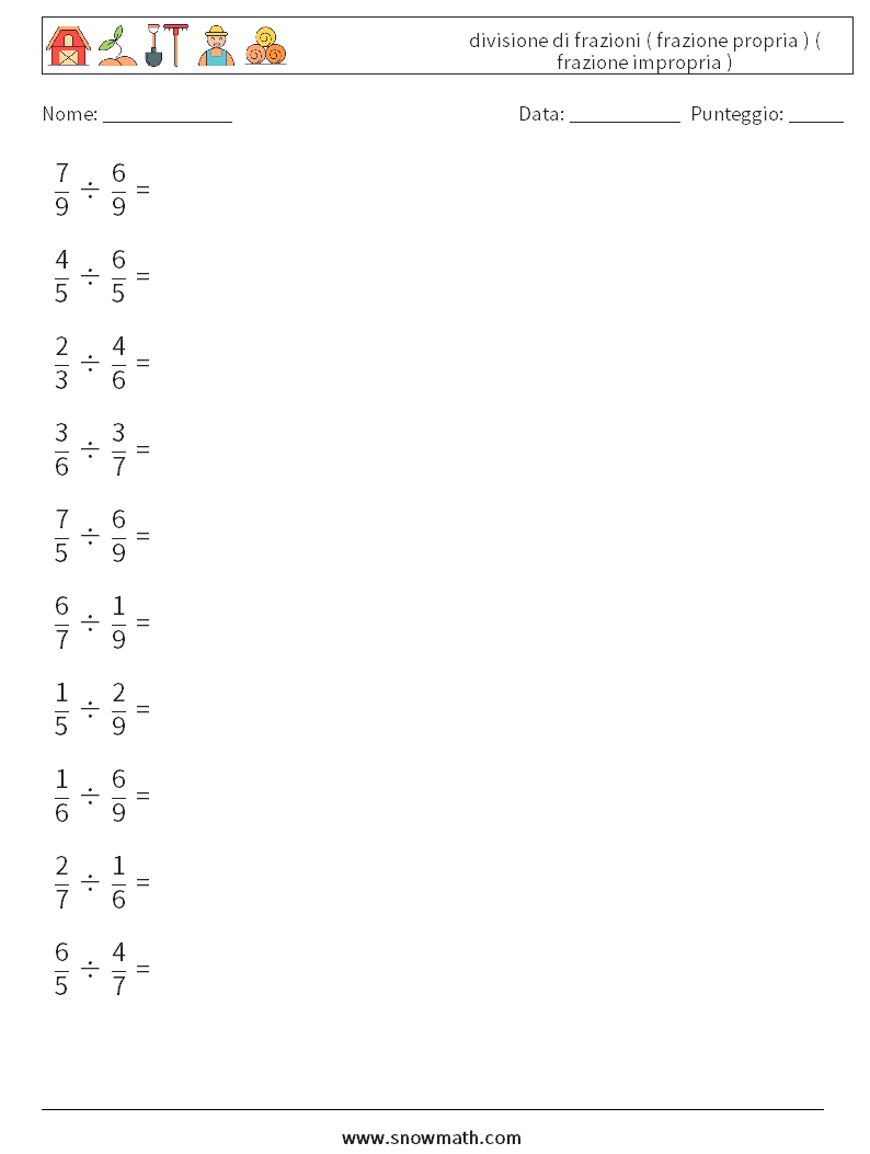 (10) divisione di frazioni ( frazione propria ) ( frazione impropria ) Fogli di lavoro di matematica 11