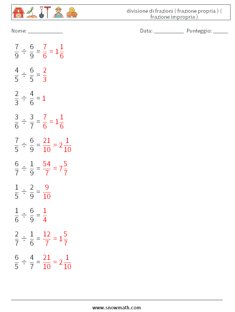 (10) divisione di frazioni ( frazione propria ) ( frazione impropria ) Fogli di lavoro di matematica 11 Domanda, Risposta