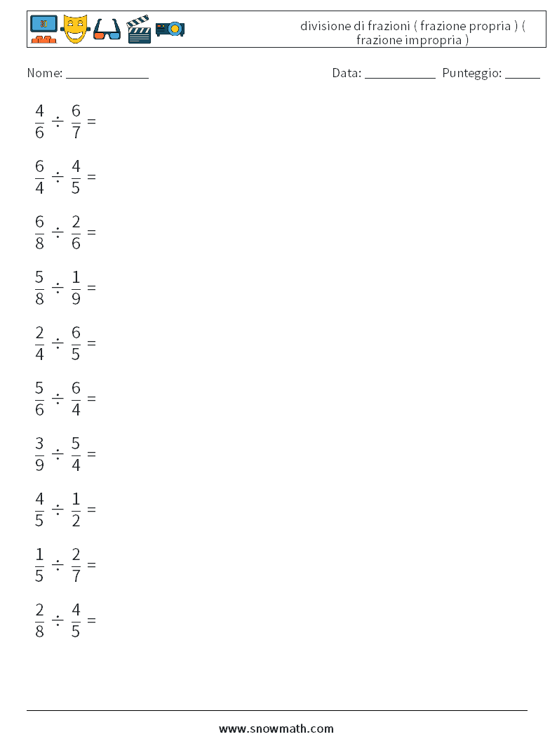 (10) divisione di frazioni ( frazione propria ) ( frazione impropria ) Fogli di lavoro di matematica 12