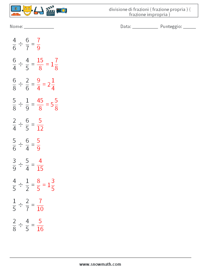 (10) divisione di frazioni ( frazione propria ) ( frazione impropria ) Fogli di lavoro di matematica 12 Domanda, Risposta