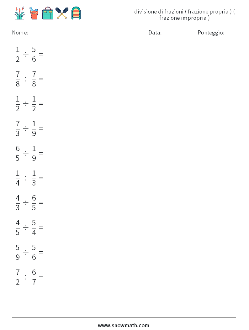(10) divisione di frazioni ( frazione propria ) ( frazione impropria ) Fogli di lavoro di matematica 13