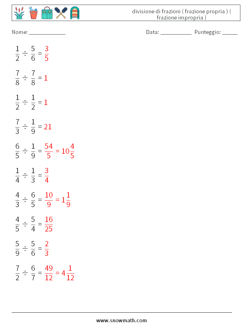 (10) divisione di frazioni ( frazione propria ) ( frazione impropria ) Fogli di lavoro di matematica 13 Domanda, Risposta