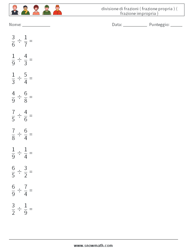 (10) divisione di frazioni ( frazione propria ) ( frazione impropria ) Fogli di lavoro di matematica 14