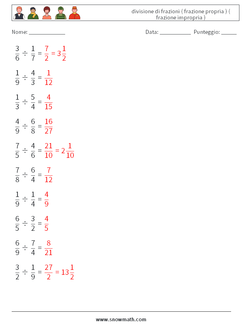 (10) divisione di frazioni ( frazione propria ) ( frazione impropria ) Fogli di lavoro di matematica 14 Domanda, Risposta