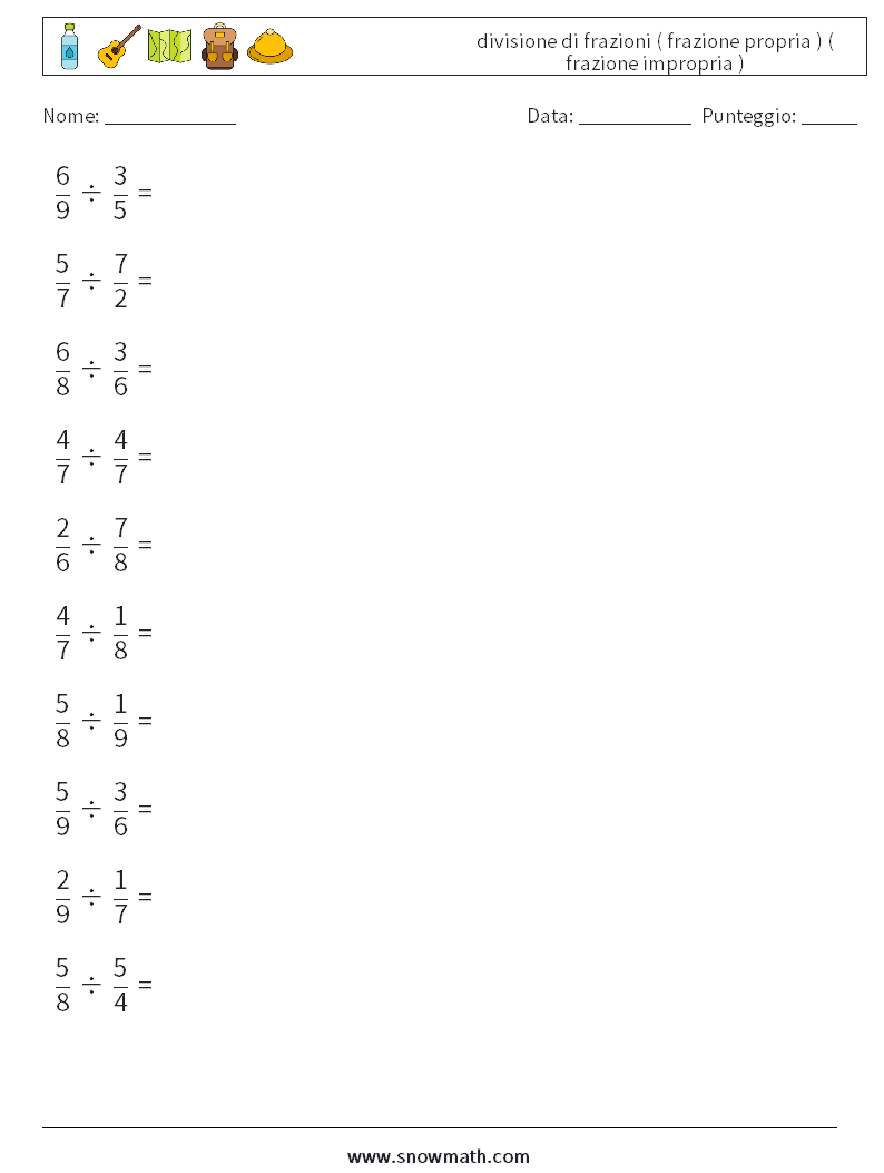 (10) divisione di frazioni ( frazione propria ) ( frazione impropria ) Fogli di lavoro di matematica 15