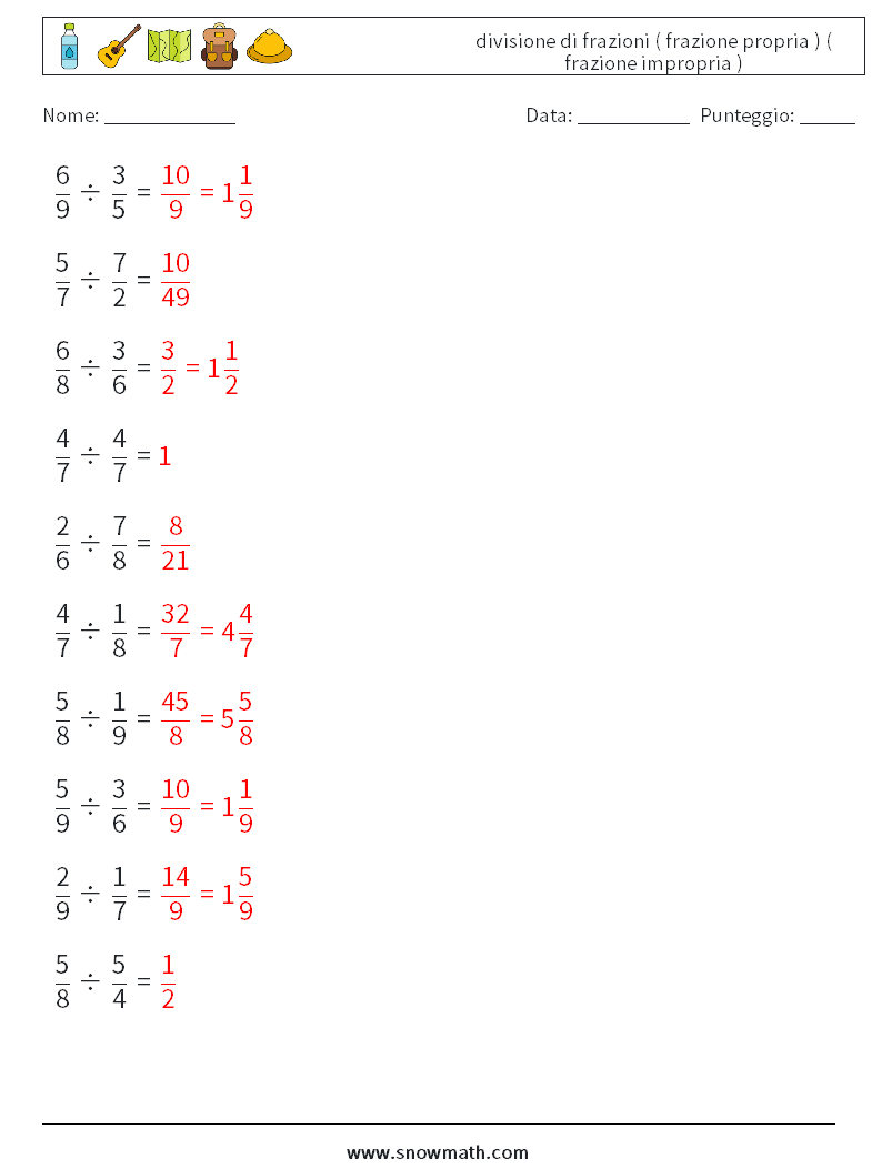 (10) divisione di frazioni ( frazione propria ) ( frazione impropria ) Fogli di lavoro di matematica 15 Domanda, Risposta