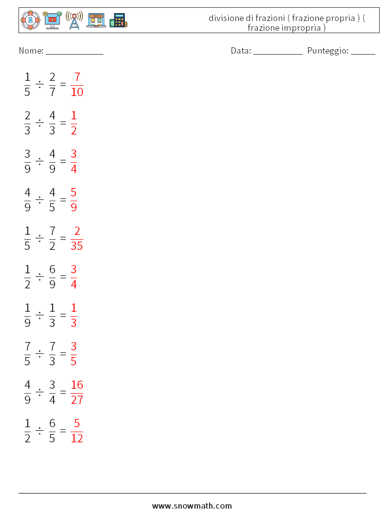 (10) divisione di frazioni ( frazione propria ) ( frazione impropria ) Fogli di lavoro di matematica 16 Domanda, Risposta