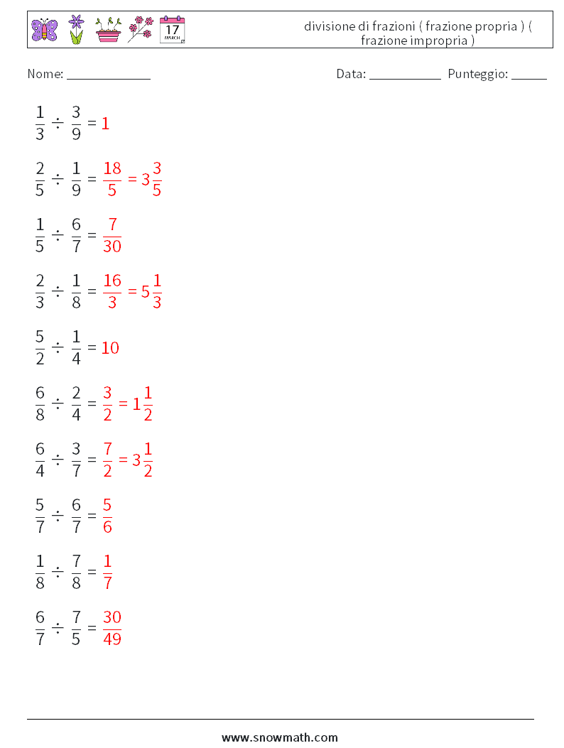 (10) divisione di frazioni ( frazione propria ) ( frazione impropria ) Fogli di lavoro di matematica 17 Domanda, Risposta