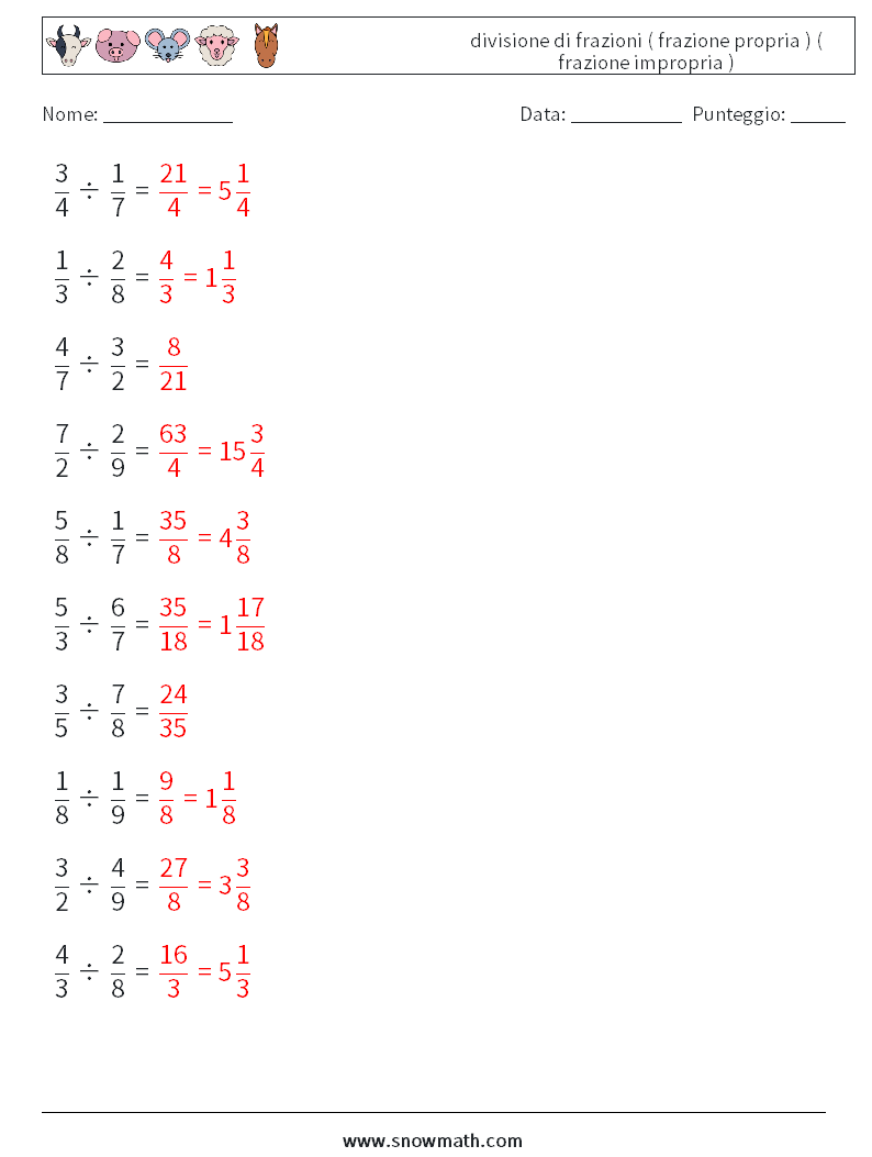 (10) divisione di frazioni ( frazione propria ) ( frazione impropria ) Fogli di lavoro di matematica 18 Domanda, Risposta