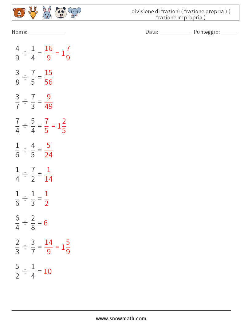 (10) divisione di frazioni ( frazione propria ) ( frazione impropria ) Fogli di lavoro di matematica 1 Domanda, Risposta
