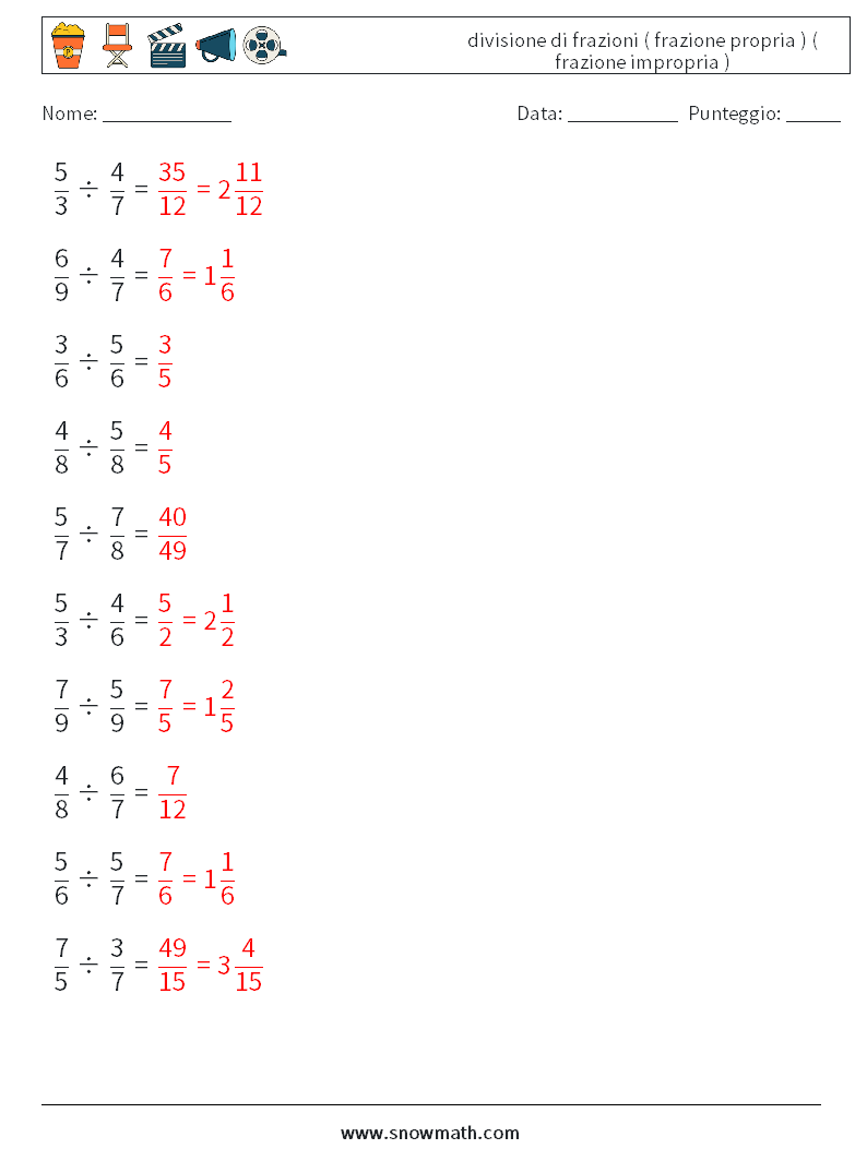 (10) divisione di frazioni ( frazione propria ) ( frazione impropria ) Fogli di lavoro di matematica 2 Domanda, Risposta