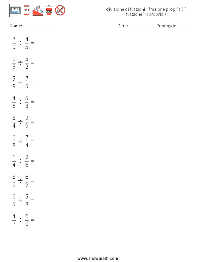 (10) divisione di frazioni ( frazione propria ) ( frazione impropria ) Fogli di lavoro di matematica 3