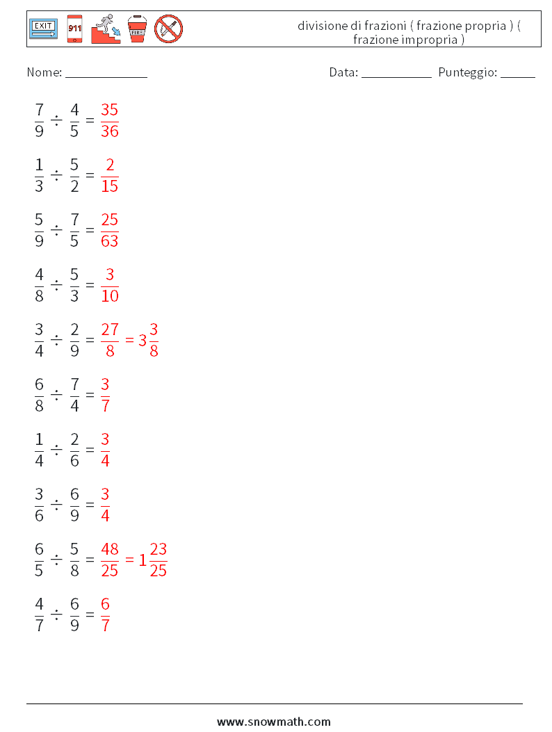 (10) divisione di frazioni ( frazione propria ) ( frazione impropria ) Fogli di lavoro di matematica 3 Domanda, Risposta