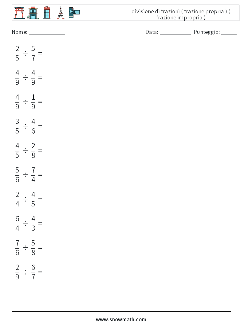 (10) divisione di frazioni ( frazione propria ) ( frazione impropria ) Fogli di lavoro di matematica 4