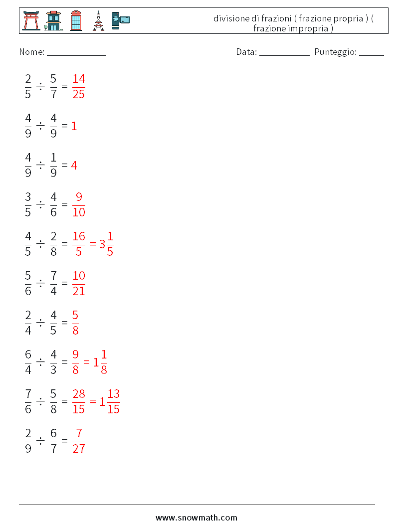 (10) divisione di frazioni ( frazione propria ) ( frazione impropria ) Fogli di lavoro di matematica 4 Domanda, Risposta