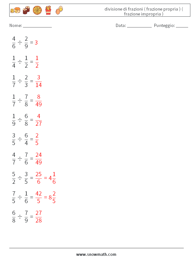 (10) divisione di frazioni ( frazione propria ) ( frazione impropria ) Fogli di lavoro di matematica 6 Domanda, Risposta