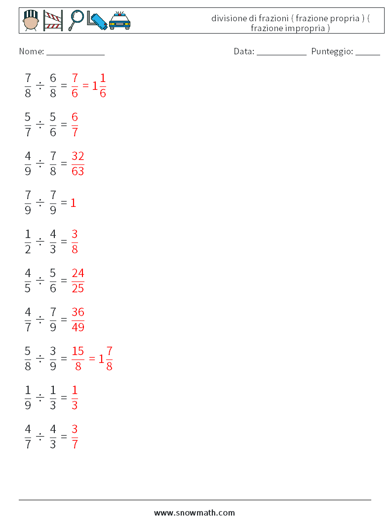 (10) divisione di frazioni ( frazione propria ) ( frazione impropria ) Fogli di lavoro di matematica 8 Domanda, Risposta