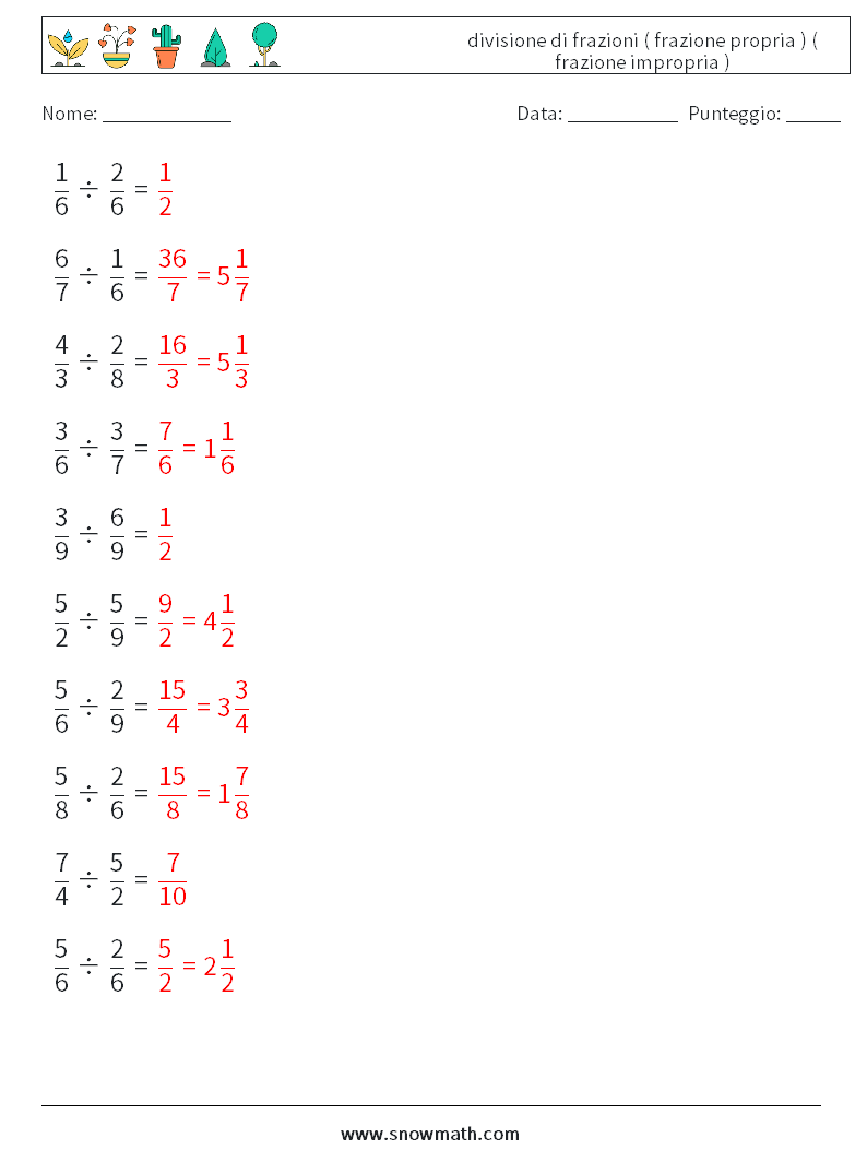 (10) divisione di frazioni ( frazione propria ) ( frazione impropria ) Fogli di lavoro di matematica 9 Domanda, Risposta