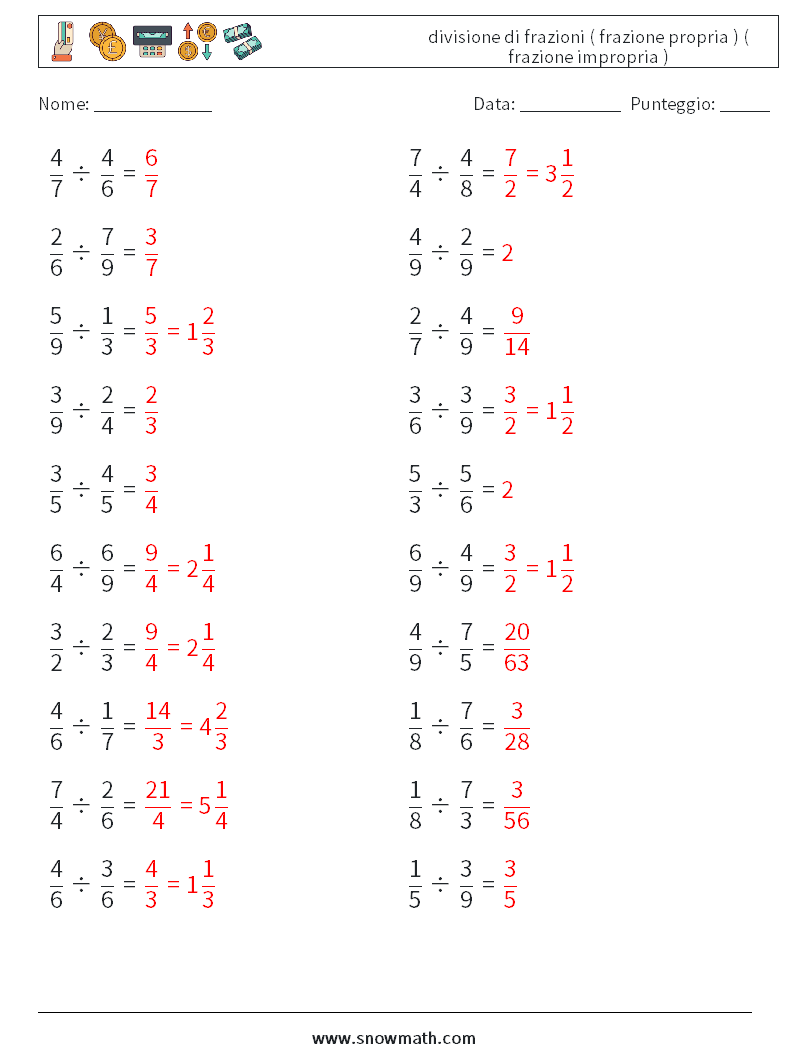 (20) divisione di frazioni ( frazione propria ) ( frazione impropria ) Fogli di lavoro di matematica 10 Domanda, Risposta