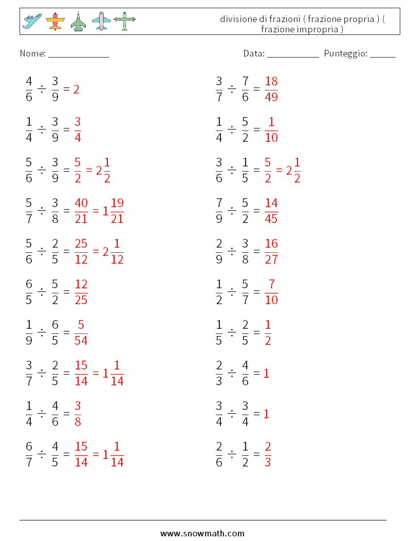 (20) divisione di frazioni ( frazione propria ) ( frazione impropria ) Fogli di lavoro di matematica 11 Domanda, Risposta