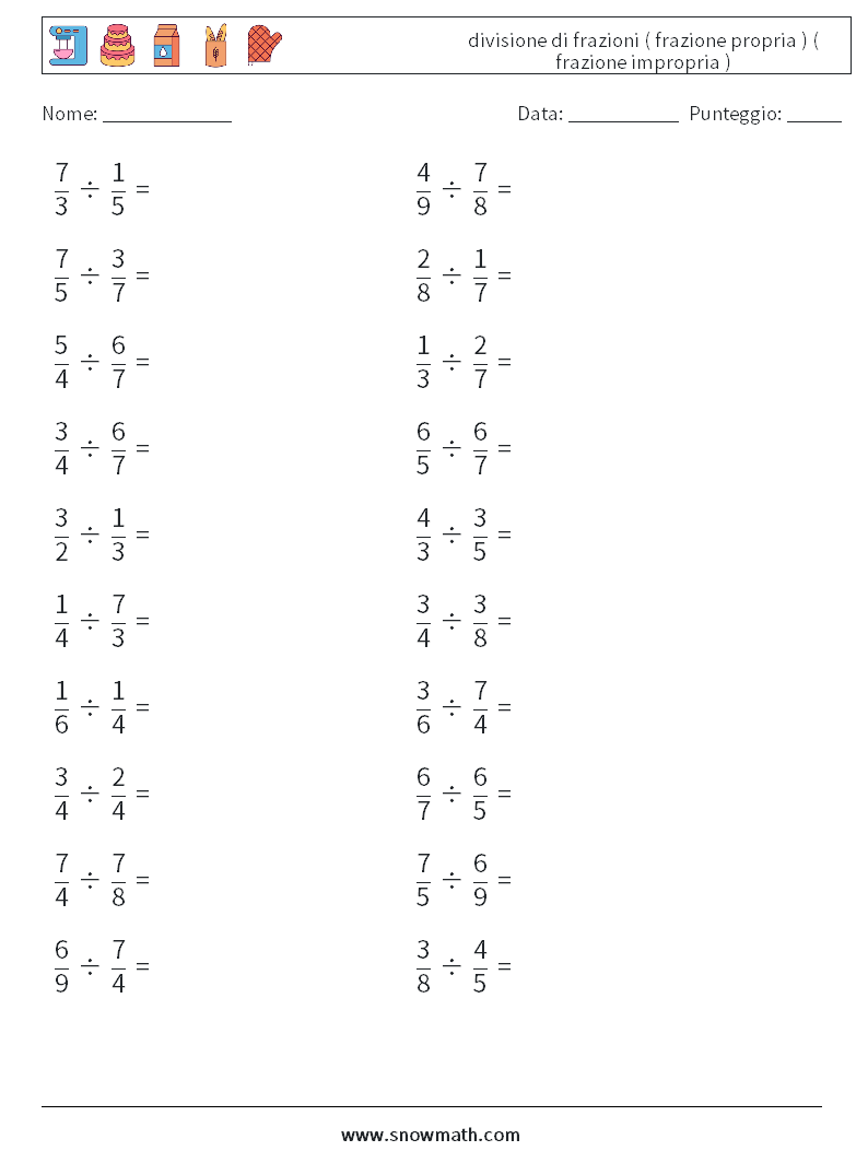 (20) divisione di frazioni ( frazione propria ) ( frazione impropria ) Fogli di lavoro di matematica 12