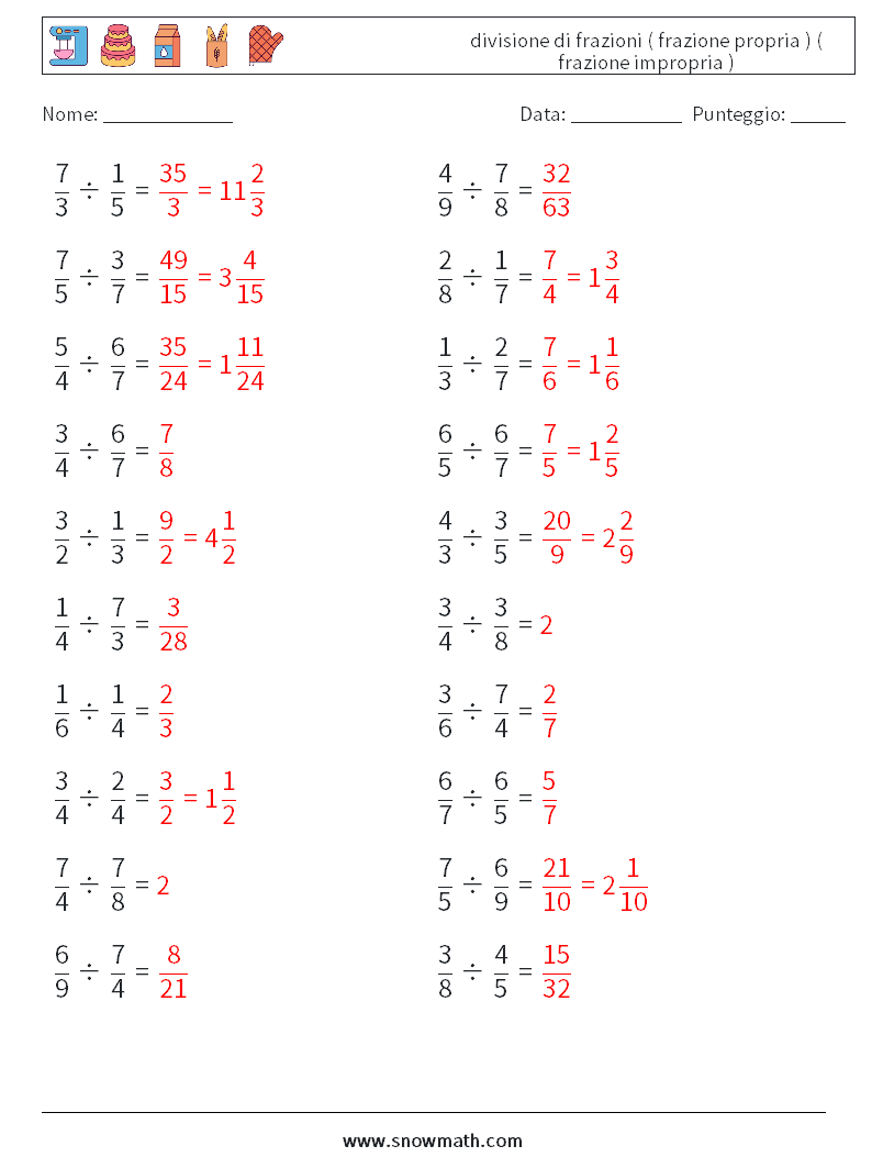 (20) divisione di frazioni ( frazione propria ) ( frazione impropria ) Fogli di lavoro di matematica 12 Domanda, Risposta