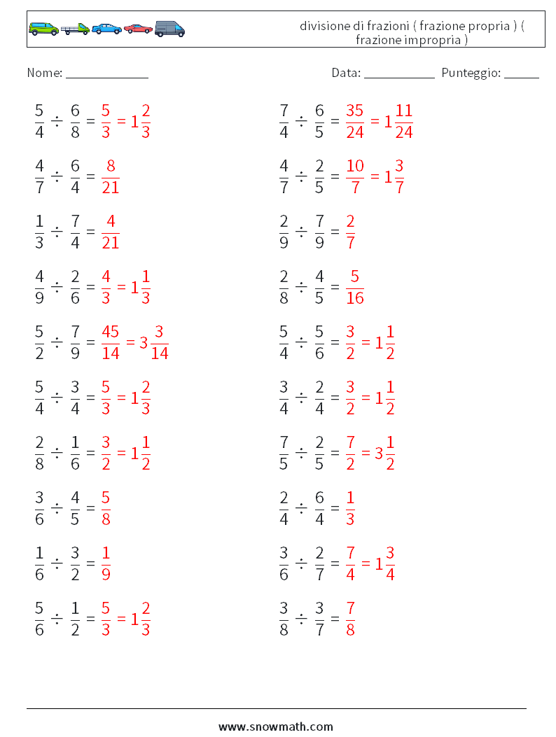 (20) divisione di frazioni ( frazione propria ) ( frazione impropria ) Fogli di lavoro di matematica 13 Domanda, Risposta